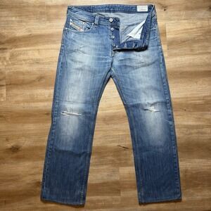 Diesel Larkee Jeans Men 32x29 Blue Straight Leg Medium Wash Distressed (Hemmed)